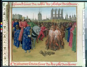 Ms Fr.6465 f.236 De smeekbede van de ketters in 1210 (perkament) (zie ook 51339) door Jean Fouquet