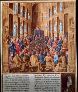 Paus Urbanus II (1042-1099) predikt de eerste kruistocht op het Concilie van Clermont, Frankrijk, waarbij ridders, adel en kardinalen worden verenigd
