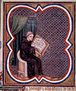 Primate die de grote kronieken van Frankrijk schrijft in de abdij van Saint Denis. Miniatuur uit het manuscript door Jean Fouquet (1420 - 1481) “Grandes Chroniques de France”. Parijs, B N door Jean Fouquet