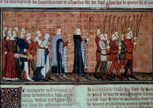 Processie ter gelegenheid van de doop van Karel VI (1368-1422) gedragen door Koningin Jeanne d
