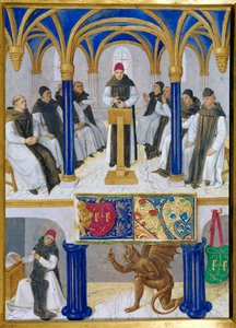 Voorstelling van Sint Bernardus van Clairvaux (San Bernardo di Chiaravalle) (1090-1153) leraar en verleid door de duivel Miniatuur uit 