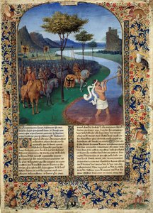 De oversteek van de Rubicon door Julius Caesar. De Romeinse generaal Julius Caesar stak de Rubicon over op 11/01/49 v.Chr., wat de scheiding vormt tussen Cisalpijns Gallië en Italië. Miniatuur uit 