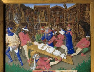 De geloften van de heiligen. Martelaarschap van Sint Apolline. De christelijke heilige Apolline van Alexandrië wordt gemarteld door de heidenen in 249 na Christus. De beulen trekken aan haar haar en breken haar tanden. Keizer Decius is een toeschouwer. Det