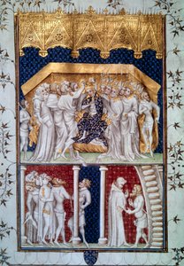 De kroning van Karel VI (1368-1422) door de peers van Frankrijk op 16/09/1380. Miniatuur uit Grandes Chronicles de France door Jean Fouquet (1420-1481) 15e eeuw Parijs, B.N. door Jean Fouquet