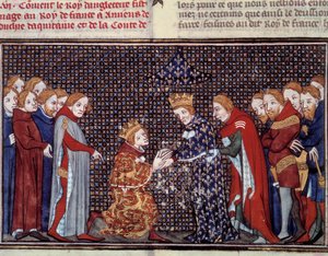 Het eerbetoon van koning Edward III van Engeland (1312-1377) aan Filips VI van Valois (1294-1350), koning van Frankrijk, in 1330. Miniatuur uit 