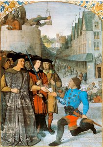 Burggraaf van Rochechouart ontvangt een koninklijke boodschapper. Miniatuur door Jean Fouquet uit 