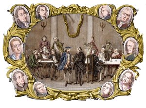 Parijs - Het café Procope in de 18e eeuw, van rechts naar links in de medaillons: Georges Louis Leclerc, Comte de Buffon, Nicolas Joseph Florent Gilbert, Denis Diderot, Jean le Rond d