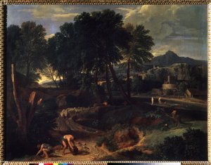 Landschap met een kudde schapen op de weg door Jean Francois I Millet