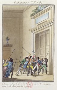 Menigte Parijzenaars die de wacht aanvallen en doden bij de ingang van de appartementen van de koningin in Versailles 6 oktober 1789 door Jean Francois Janinet
