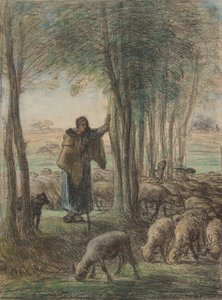 Een herderin en haar kudde in de schaduw van bomen, 1854-55