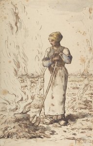 Een Vrouw die Onkruid Verbrandt, 1830-75 door Jean Francois Millet