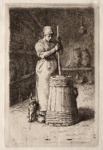 Een vrouw die boter karnet door Jean Francois Millet