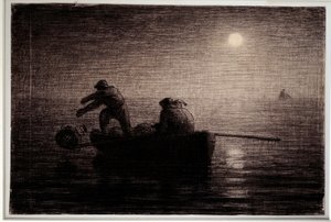 Kreeftvissers die hun kleien gooien, nacht effect
