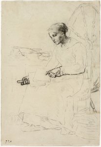 De wolkammer (recto); Fragmentarische schets van man staand bij hek (verso) door Jean Francois Millet