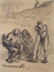 Drie boeren rustend, een leunend op een spade, c1850-1851