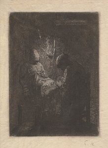 Twee vrouwen naaien bij lamplicht, ca. 1853 door Jean Francois Millet