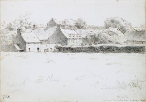 Uitzicht op boerderijgebouwen over een veld door Jean Francois Millet