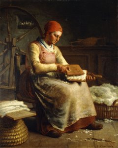 Vrouw die wol kaardt