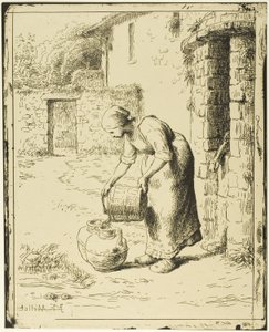 Vrouw die een emmer leegt door Jean Francois Millet