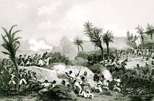 Zwarte opstand in Santo Domingo, 16 september 1802, uit "Histoire Universelle du XIXe siecle", naar Martinet door Jean Francois Pourvoyeur