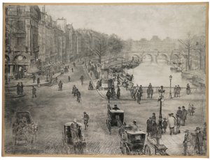 Parijs, La place de Saint Michel met de quai des Grands Augustins en de pont Saint Michel op de voorgrond en de pont Neuf en het Louvre op de achtergrond, ca. 1900 door Jean Francois Raffaelli