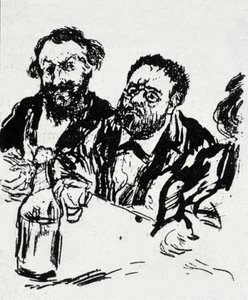 De schilder Edouard Manet (1832-1883) en de schrijver Emile Zola (1840-1902) aan tafel. Karikatuur door Jean Francois Raffaelli (1850-1924)