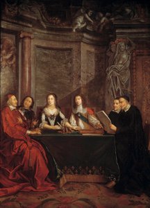 De raad van geweten: Sint Vincentius van Paul, hoofd van de raad van geweten leest voor aan kardinaal Jules Mazarin (Giulio Raimondo Mazzarino of Mazarino) (1602-1661), Pierre Seguier (1588-1672), koningin Anna van Oostenrijk (1601-1666) en Lodewijk XIV (1 door Jean François de Troy