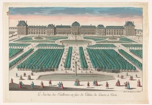 Gezicht op de Jardin des Tuileries te Parijs gezien richting het Palais du Louvre