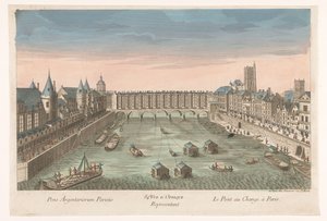 Gezicht op de bebouwde Pont au Change over de rivier de Seine te Parijs door Jean François Daumont