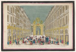Gezicht op de decoratie van de Rue de la Feronnerie te Parijs ter gelegenheid van het herstel van Lodewijk XV, koning van Frankrijk, in 1745