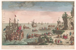 Gezicht op de haven te Caudebec bij de monding van de rivier de Seine door Jean François Daumont