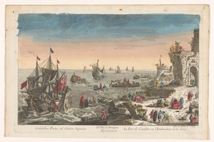 Gezicht op de haven te Caudebec bij de monding van de rivier de Seine door Jean François Daumont