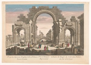 Gezicht op de ruïne van de boog van de zuilengalerij te Palmyra, gezien vanaf de oostzijde door Jean François Daumont