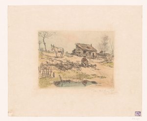Landschap met man en ezel bij hut