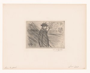 Man met hoed in de regen door Jean François Raffaëlli (signed by artist)