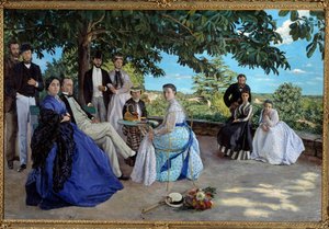 Familiebijeenkomst: portret van een Franse bourgeoisfamilie verzameld in een tuin