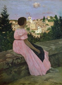 De roze jurk, of uitzicht op Castelnau-le-Lez, Herault, 1864 door Jean Frederic Bazille