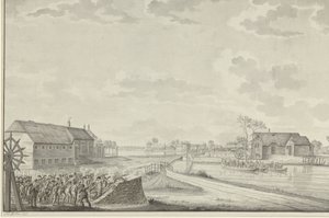 Aanval van de Pruisen onder Kolonel Van Borstel op de Duivendrechtse brug, 1 oktober 1787 door Jean George Teissier (signed by artist)
