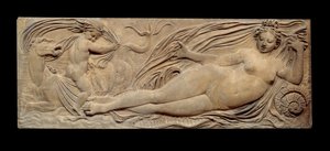Nimf en kleine genie rijden op een zeehengst; Nimf en Triton omringd door twee kleine genieën. Laag reliëf. Steenbeeldhouwwerk door Jean Goujon (1510-1567)