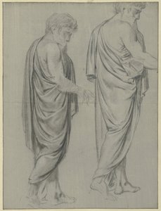 Twee draperiestudies van een lopende man, naar rechts