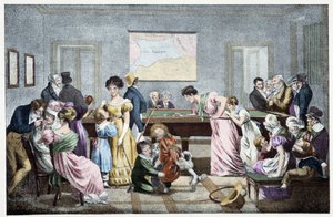 Een biljartkamer in de 19e eeuw: gebaseerd op een lithografie door Marlet.