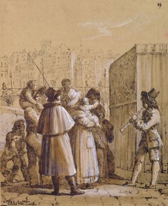 Toeschouwers kijken naar een Pulcinella-show bij de Pont des Arts in Parijs door Jean Henri Marlet