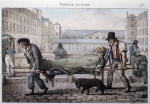 Oude straatberoepen in Parijs: de arme patiënt wordt naar het ziekenhuis gebracht door de brancarddragers. Gravure door Jean Henry Marlet (1771-1847) in 
