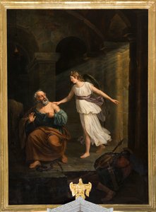 Parochiekerk (Nederbrakel, Sint-Pieter-in-de-Bandenkerk). Interieur. Schilderij. "Sint-Pieter bevrijd door de engel en Thomas". Jean-Henri De Coene. Ca 1835.