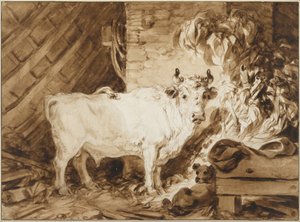 Witte stier en hond in een stal door Jean-Honore Fragonard