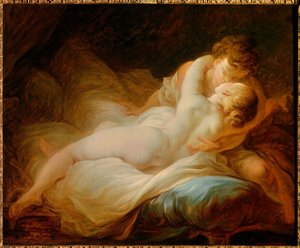 Erotica: het moment van verlangen of gelukkige geliefden. Een kussend paar in bed door Jean Honore Fragonard