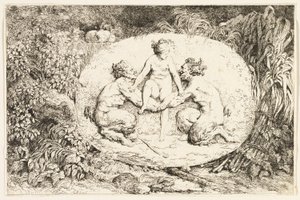 Nimf zittend op de handen van twee saters uit Bacchanales, of Saterspelen door Jean Honore Fragonard
