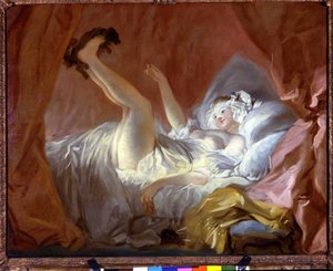 De gimblette. De gimblette is een gebak in de vorm van ringen. Het meisje speelt liggend op haar bed met een hond door haar dit koekje te geven. door Jean Honore Fragonard