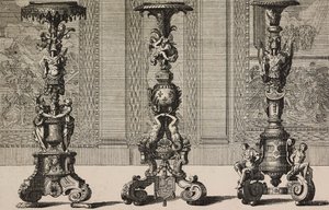 Grote bronzen kandelaars, gravure door Jean Berain (1640-1711) uit L