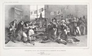 Descente dans les Ateliers de la Liberté de la presse door Jean Ignace Isidore Grandville, and Auguste Desperet